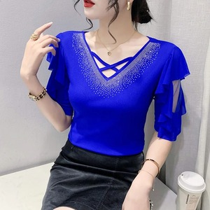 Negro Azul para Púrpura Estilo coreano Camiseta de malla para mujer Media manga Volantes Cuello en V-Un Sexy Tight Terry Diamond Motif Hollow - Product Image 3
