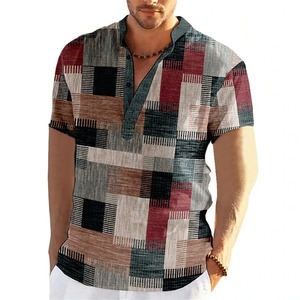 New 100% Cotton Vintage Patchwork Color Block 3D Print <b>Henley</b> <b>Shirts</b> <b>Men's</b> Fashion Stand Collar Short Sleeve T <b>Shirt</b> Male - Product Image 5