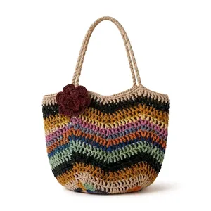Sac à main en raphia fait main au crochet, motif zigzag coloré, sac fourre-tout en fil avec accent floral pour le bureau, les loisirs et les voyages - Product Image 3