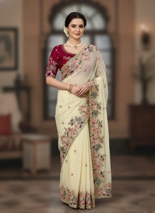 Última Llegada, Sari de Georgette Pesado con Bordado para Mujer, Ropa de Boda, con Borde Calado, en Existencia en India - Product Image 4