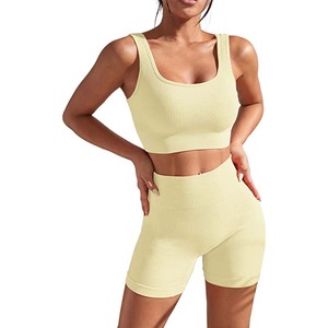 Ensembles d'entraînement haut de gamme pour femmes, 2 pièces : Crop top à col carré et short cycliste taille haute, sans couture, respirant, séchage rapide, vêtements de sport - Product Image 4