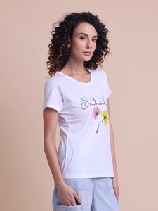 Camiseta de media manga con cuello redondo y estampado elegante para mujer, ropa informal cómoda y de moda - Product Image 5