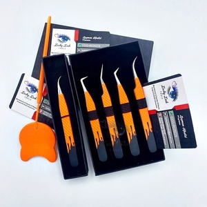 Pinzas de agarre de diamante de Color naranja con parte inferior de gota negra Pinzas de extensión de pestañas de etiqueta privada sostenibles de acero inoxidable sólido - Product Image 1