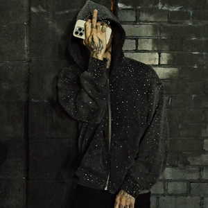 New Custom Rhinestone Men's 100% Cotton Full Print Rhinestone square Short Full Face Half <b>Zip</b> <b>Hoodie</b> for Men - Product Image 4