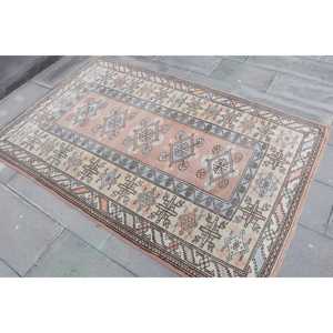 Vintage 4.2x6.3 ft Rug, Turkish Rug, <b>Brown</b> Striped Rug <b>Wool</b> - Product Image 2