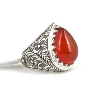 925 <b>Sterling</b> <b>Silver</b> <b>Men's</b> <b>Ring</b> with Teardrop Orange Agate Stone Geometric Cut Hip-Hop Style for Everyday Wear - Product Image 2