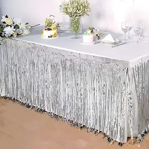 Saia prateada de seda para mesa, toalha de mesa descartável brilhante para festas, saia prateada para mesa