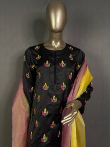 Custom Fit Traditional Pakistani Salwar Kameez Sharara Pallazo Kurta Short Sleeves Embroidered Satin Organza Dupatta Rayon - Product Image 2