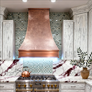 Bespoke Hand Hammered Copper Range Hood Wall Mount <strong>Bell</strong> Shape French Country Style Custom Patina Straps Rivets - Product Image 1