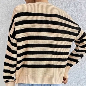 Sweat-shirt à col rond rayé confortable en polyester 100% pour femme, à manches longues, à épaules tombantes, décontracté, pour l'hiver, style coréen - Product Image 5