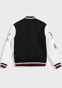 Veste universitaire noire de haute qualité à col en V avec fermeture à boutons et manches en cuir PU blanc contrasté pour hommes, veste unie teinte et enduite - Product Image 3