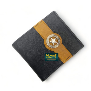 Cartera RFID corta plegable de estilo Retro para hombre de cuero de vaca de alta calidad Concho de estrella decorado en rayas amarillas OEM de fábrica aceptado - Product Image 1