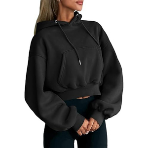 Sweat court pour femme avec garnitures côtelées sur la manchette col rabattu manches longues cordon pull à capuche haut court - Product Image 1