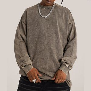 Logotipo personalizado 400 GSM French Terry Pullover Desgastado Cuello redondo Lavado ácido Vintage Sudaderas para 100% Algodón Rhinestone Invierno - Product Image 2