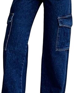 Pantalones Vaqueros Cargo de Pierna Recta Azul Oscuro para Mujer, Pantalones de Mezclilla de Cintura Alta con Bolsillos Utilitarios, Ropa Casual de Calle, Suministro del Fabricante, OEM - Product Image 5