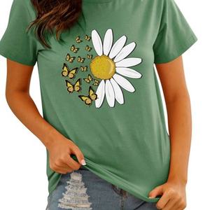 Beaux t-shirts pour femmes dernière conception imprimée de fleurs demi-manche col rond OEM personnalisé écologique demi-manche col rond - Product Image 5