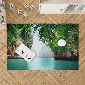 Tapis imprimé paysage marin - Tapis de couloir vert vue mer tropicale côtière, avec tapis à poils doux - Product Image 2