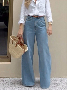 <span class=keywords><strong>Jean</strong></span> évasé <span class=keywords><strong>pour</strong></span> <span class=keywords><strong>femme</strong></span> en denim respirant, écologique, séchage rapide, style vintage, élastique, délavé, couleur unie, idéal <span class=keywords><strong>pour</strong></span> l'été - Product Image 1