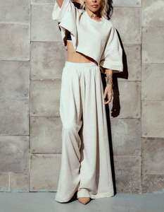 Women's Summer Casual Solid Breathable 2 Piece Set Regular Fit Cropped <b>Short</b>-<b>sleeved</b> T-shirt Wide-leg Pants Custom Logo - Product Image 4