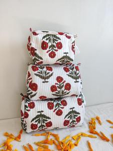 Set 3 Eco-Friendly White Floral Cotton Makeup <b>Bags</b>-Quilted for Wash <b>Bag</b> Hand Block Print Pouch <b>Large</b> Vintage Style Travel - Product Image 3