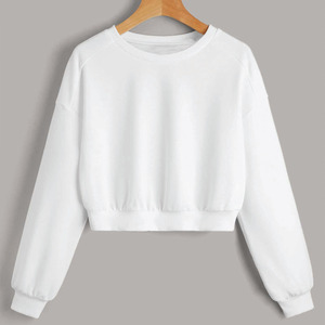 White <b>Cropped</b> Sweatshirt Women Crewneck Cotton Fleece Pullover Long Sleeve Ribbed Cuffs Plain Casual Streetwear Fashion <b>Top</b> - Product Image 1