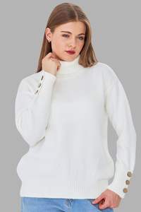 Suéter de punto de invierno detallado con botones de cuello alto para mujer Suéter transpirable cómodo y elegante Servicio ODM/OEM - Product Image 6