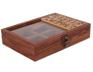 Caja de especias de madera Sheesham rectangular Gul tallada a mano/caja de fruta seca contenedor de especias con cuchara decoración de cocina de madera - Product Image 5