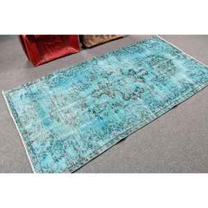 Alfombra Vintage de 3.7x7.4 pies, Alfombra Turca, Alfombra a Cuadros Azul y Negra - Product Image 2