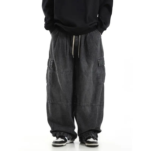 New Stylish Black Baggy Cargo <b>Jeans</b> Trousers <b>Men</b> Streetwear Casual Jogging <b>Wide</b> <b>leg</b> Oversize Old Money Acid Wash Denim Pants - Product Image 3