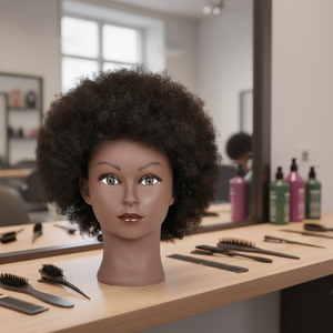 Tête de mannequin afro avec cheveux 100% humains de 6 pouces et 8 pouces, tête <span class=keywords><strong>d</strong></span>'entraînement en cosmétologie pour la pratique du tressage et du coiffage - Product Image 1