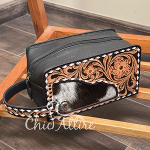 Best Selling Hand Tooled <b>Leather</b> Travel <b>Toiletry</b> <b>Bag</b> Large Capacity Cosmetic <b>Bag</b> Cowhide Portable Storage Makeup <b>Bag</b> for Women - Product Image 1