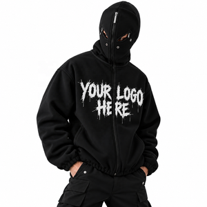 <b>Men's</b> Tech Wear Hooded Sweatshirt Zip Up Pullover Jacket with Integrated <b>Face</b> <b>Mask</b> Hood Graphic Chest Print Winter Wear B2B USA - Product Image 1
