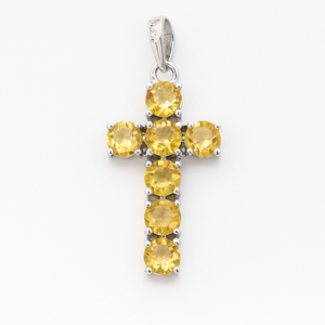 จี้รูปไม้กางเขนทำจากซิทรินแท้ 100% ประดับด้วยซิทริน 7 เม็ด ขนาด 5 มม. ชุบโรเดียมบนเงินแท้ทรงกลม สไตล์มินิมอล เหมาะสำหรับเป็นจี้แต่งงาน - Product Image 1