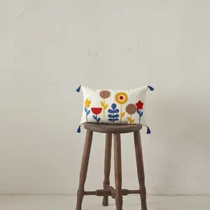 Bohemian Floral Embroidered Rectangle <b>Cushion</b> <b>Cover</b>-Home Decor <b>Blue</b> 35x55cm Cotton Washable - Product Image 1
