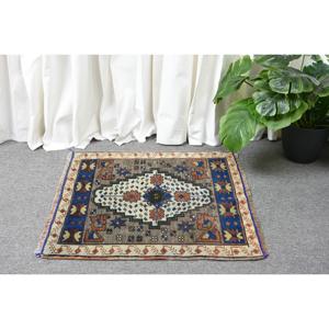 Tapis vintage, petit tapis turc 1,8x1,9 pieds, tapis persan en laine bleu brun - Product Image 2