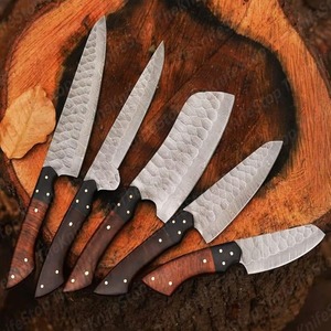 Juego de cuchillos de Chef de cocina de acero de Damasco hechos a mano, cuchillos Tang completos de 5 piezas con kit de rollo de cuero de alta calidad. - Product Image 4