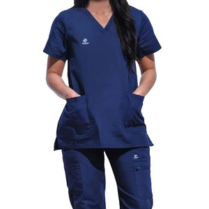 Ensemble de gommage athlétique à manches courtes pour femmes-bleu-Hauts de gommage médical-Chemises d'uniforme d'infirmière avec 3 poches-Ensemble d'uniformes légers - Product Image 5