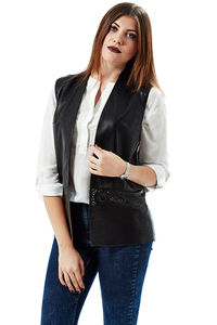 Nouvelle veste sans manches en cuir pour femme, style moto et motard, col en V, respirante, tricotée, pour l'automne - Product Image 3