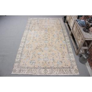 Tapis vintage, grand tapis turc de 5,1 x 8,7 pieds, tapis en laine unie beige et bleu - Product Image 1