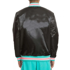 Blouson universitaire en satin de soie élégant noir pour hommes col côtelé vestes en satin à fermeture à pression - Product Image 2