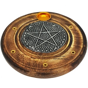 100% Natural Mango Wood Hand Carved Metal Star Beaded <b>Incense</b> Sticks Round Burners/Holders Wholesale Eco Friendly From India - Product Image 1