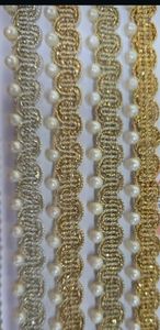 Custom Made with White Pearls Fixed Embroidered in Several Colour Ways in Ethnic Designs for Various Purposes in One Inch Width - Product Image 3