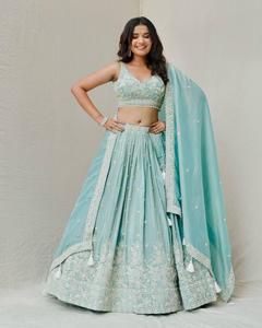 Lehenga para mujer y Lehenga de seda romana superventas, juego de hilo con bordado de secuencia Choli y Lehenga con Dupatta - Product Image 1