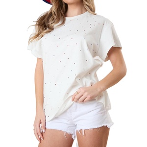 Conjunto corto de verano para mujer con cuello redondo y manga corta, con diamantes de imitación multicolor, de algodón, 2026 - Product Image 1