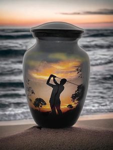 Petite urne de crémation en aluminium pour cendres humaines Belle conception de golfeur, couvercle à vis sécurisé, 6 pouces de haut, capacité 40 pouces cubes - Product Image 6