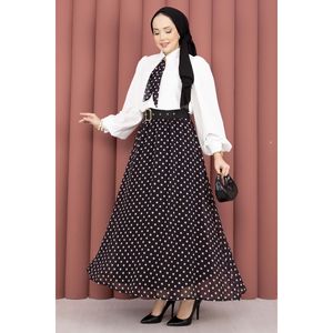 Ensemble chemise en mousseline noire avec écharpe et jupe ceinturée à pois, taille XL, coupe ample, 2 pièces, pour le printemps/été - Product Image 5