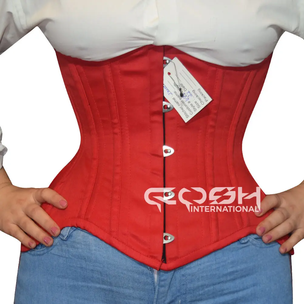 Korset katun merah latihan pinggang, korset katun merah Underbust, latihan pinggang Underbust melengkung