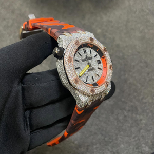 Corte redondo D/VVS Lab creado Moissanite Bisel Esfera blanca Movimiento automático Correa de goma naranja Reloj de hip hop para hombre - Product Image 3