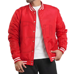 Men's <b>Red</b> Varsity <b>Jacket</b> Solid Color PU Material Stand Collar <b>Waterproof</b> Button Closure Regular Fit Winter Wear Front Logo - Product Image 2