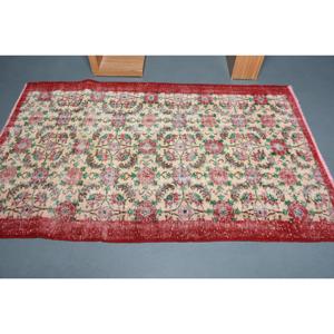 4x6.6 ft Area Vintage Rug, Turkish Rug, <b>Red</b> Green Solid <b>Wool</b> Rug - Product Image 3